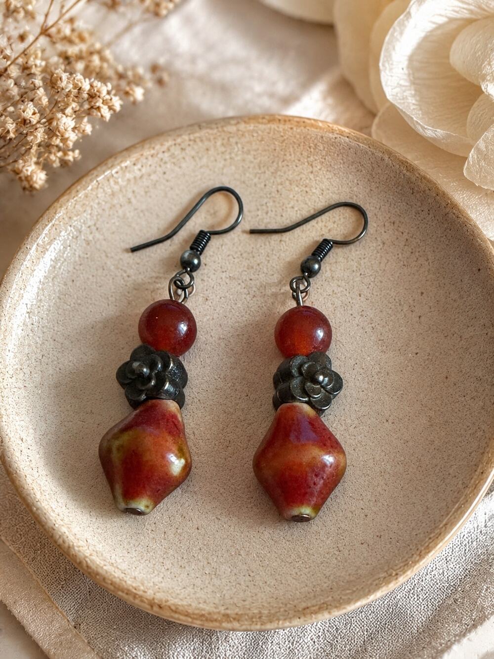 Vintage Rustic Red Beaded Dangle Earrings Boho Artisan Cottagecore Jewelry